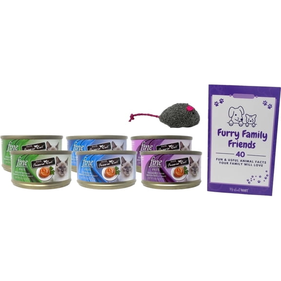 Cat Food Pate, Fine Dining 3 Flavor Variety (2) Each: Tuna Shrimp, Oceanfish Salmon, Mackerel Beef (3 Ounces) & Catnip Toy + MerlinsMart Zine | Fussie Cat
