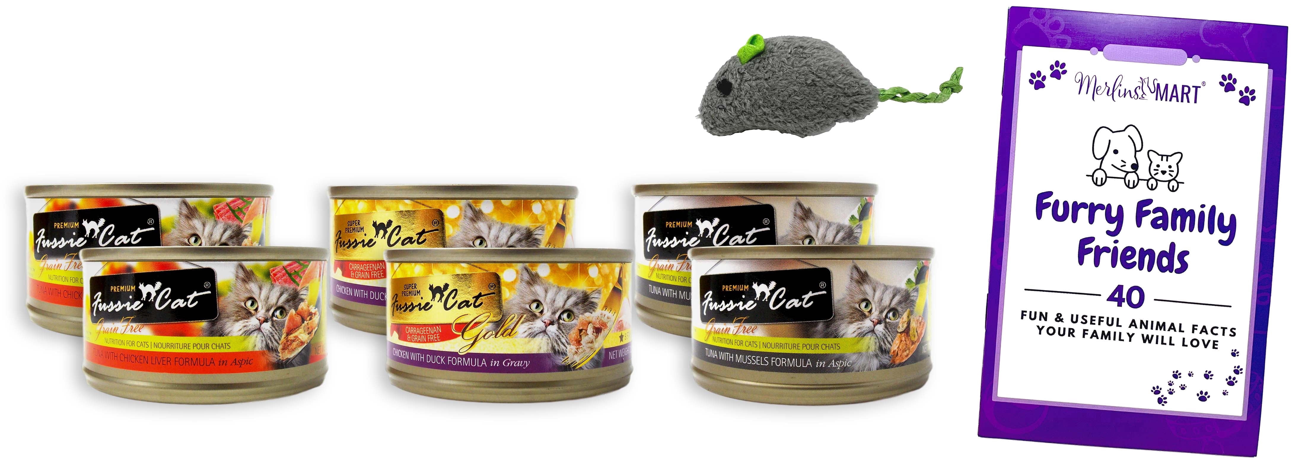 Fussie Cat Grain Free Adult Wet Cat Food Variety Pack – Tuna & Chicken Liver, Chicken & Duck, Tuna & Mussels – 6 Cans (2 Each) + MerlinsMart Zine