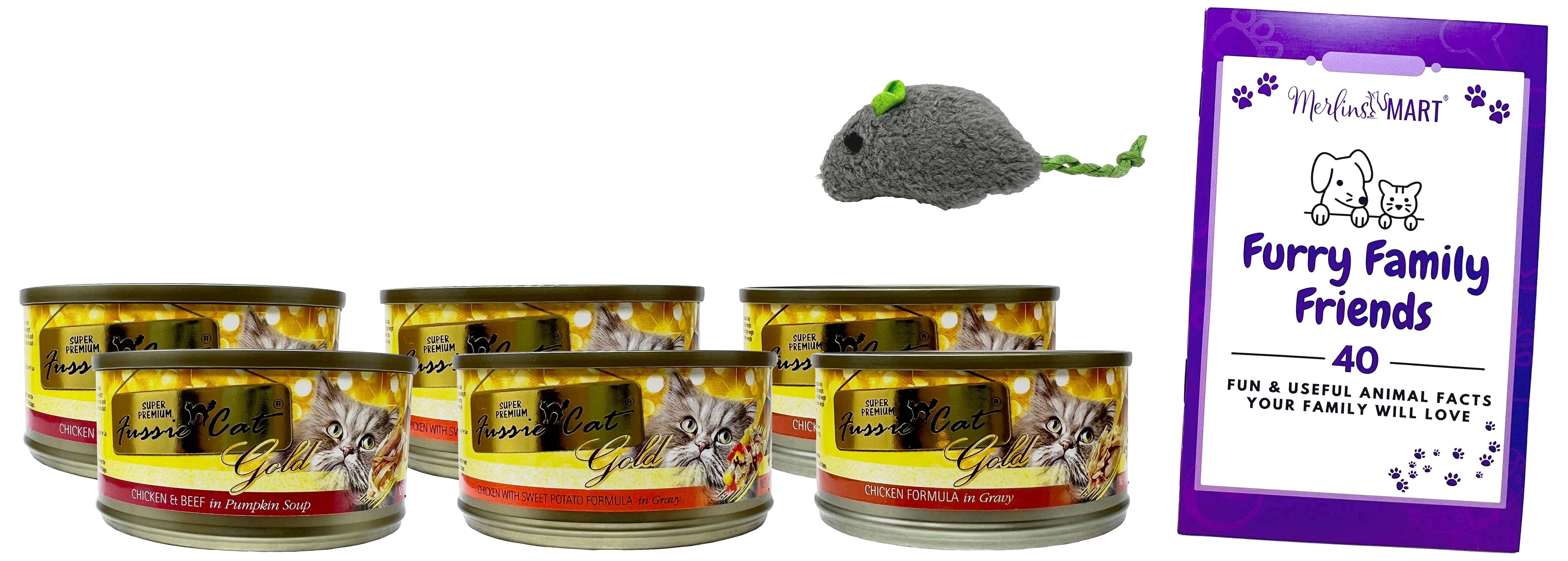 Fussie Cat Grain-Free Wet Cat Food Variety Pack, Chicken, Chicken Sweet Potato & Chicken Beef Pumpkin, 3 oz (6 Pack) + Catnip Toy & MerlinsMart Zine
