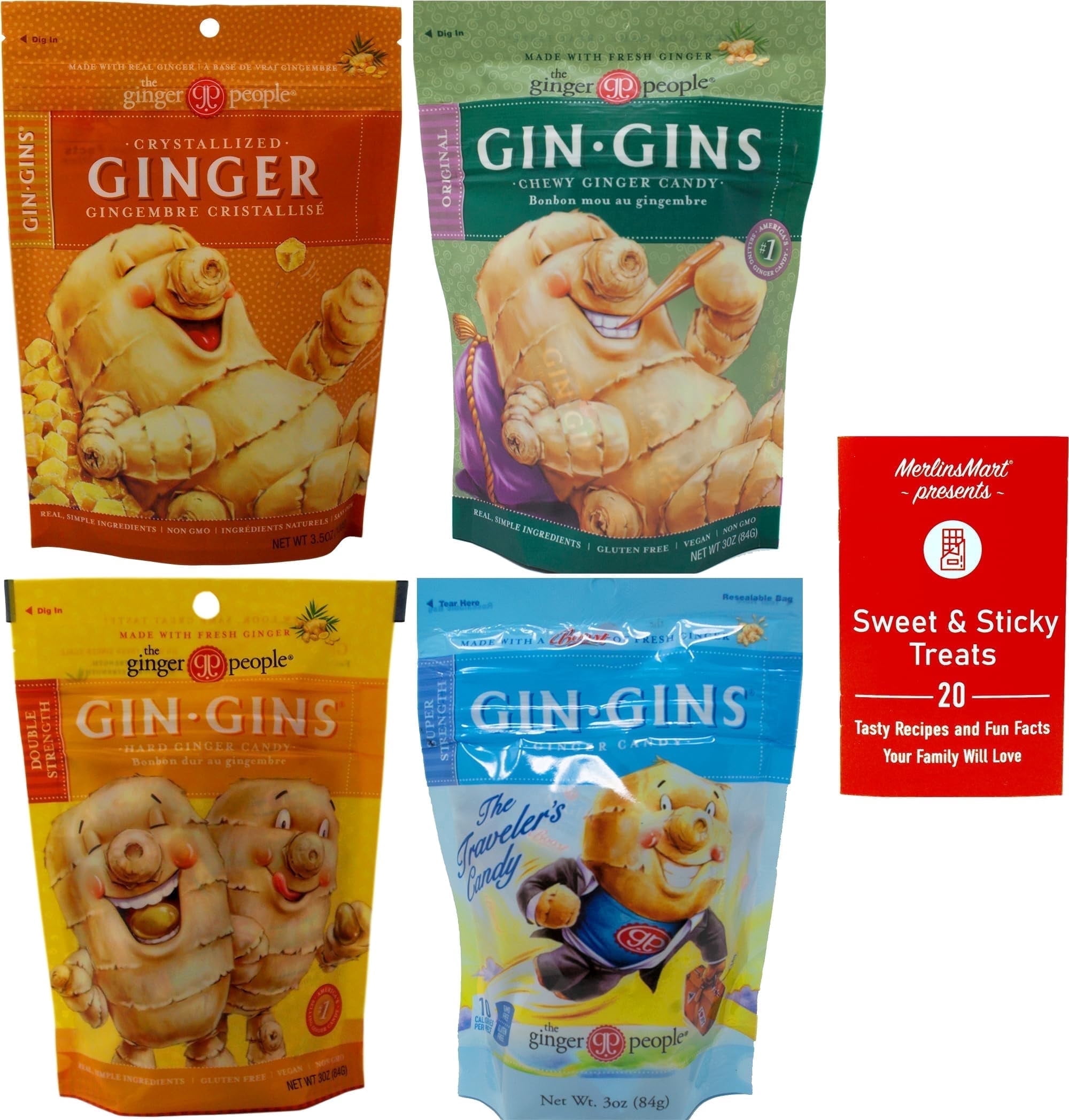Chewy Ginger Candy | Ginger Chews |  4 Flavor Variety (1) Each: Double Strength, Original, Super Strength, Crystallized Ginger + MerlinsMart Zine | Gin Gins