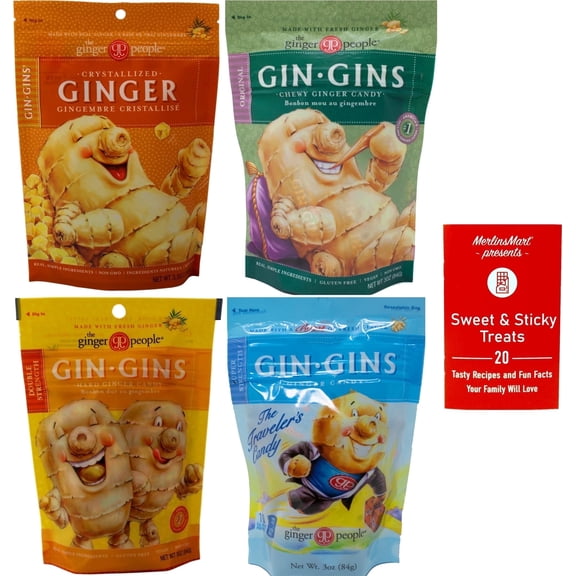Chewy Ginger Candy | Ginger Chews |  4 Flavor Variety (1) Each: Double Strength, Original, Super Strength, Crystallized Ginger + MerlinsMart Zine | Gin Gins