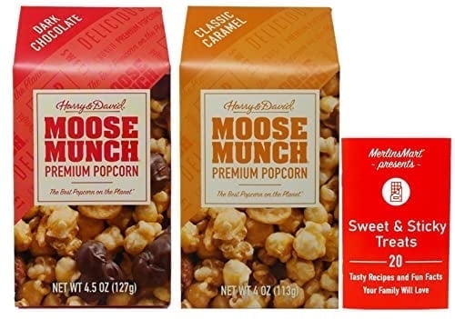 Harry & David Moose Munch Premium Popcorn 2 Flavor Variety, (1) Each: Dark Chocolate, Classic Caramel (4-4.5 Ounces) + MerlinsMart Zine