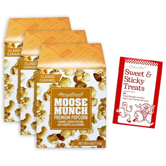 Harry and David Moose Munch Premium Popcorn - Classic Caramel - 3 Count (4 Ounces each) + MerlinsMart Zine