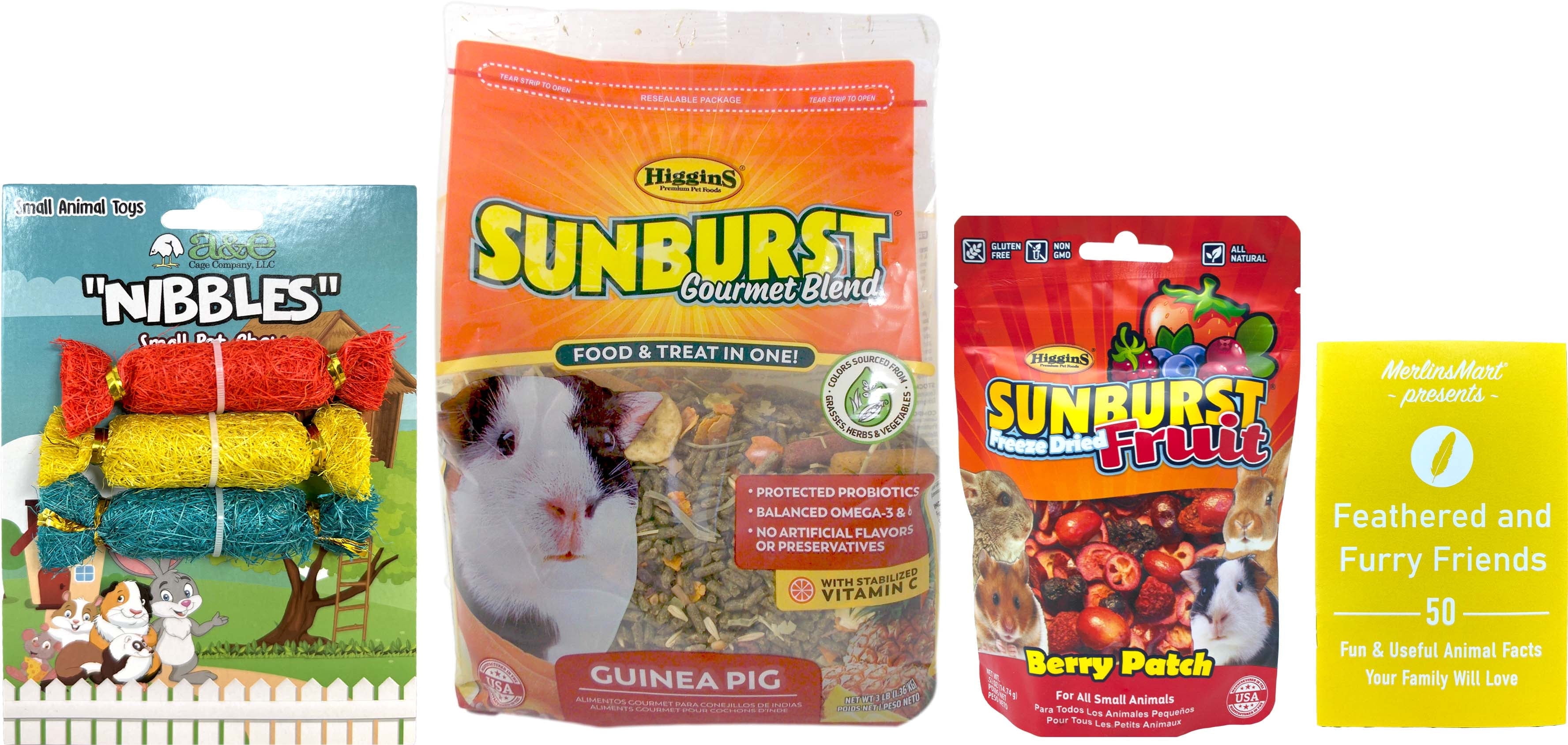 Higgins Sunburst Gourmet Blend Guinea Pig Food (3 Lbs) with Sunburst Berry Patch Treats (.52 Ounces) + MerlinsMart Zine | Chews