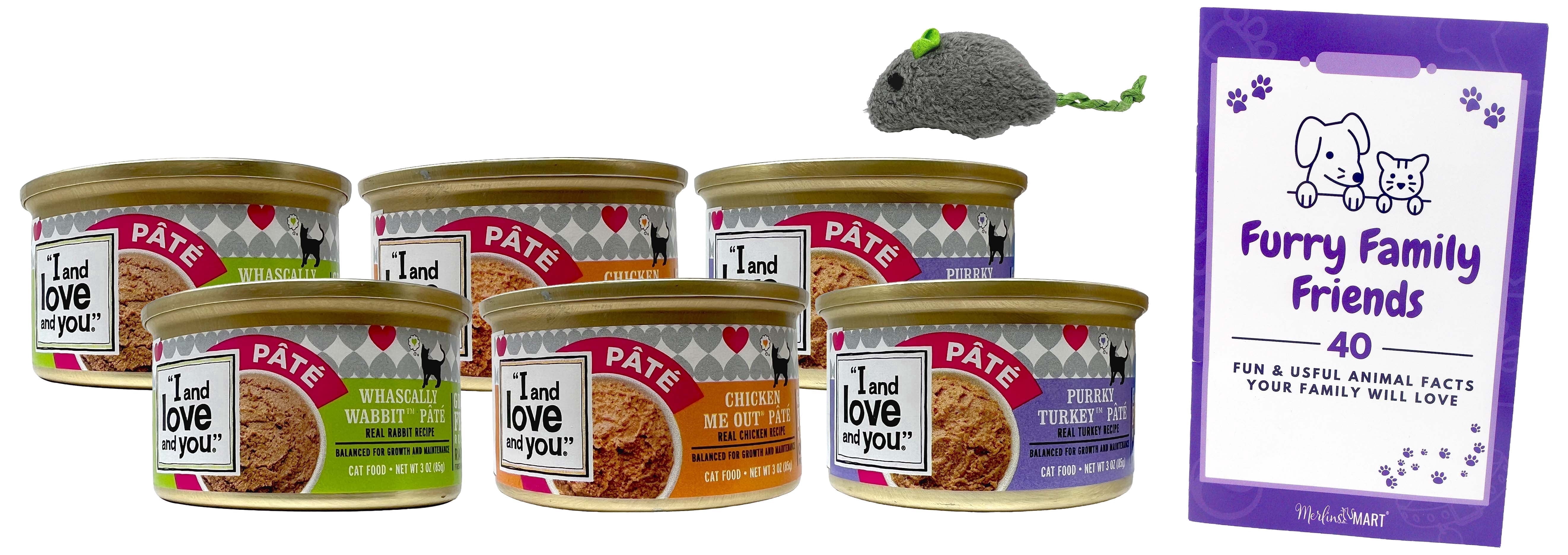 I and Love and You Grain-Free Wet Cat Food Variety Pack, Chicken Me Out, Purrky Turkey & Whascally Wabbit, 3 oz (6 Pack) + Catnip Toy & MerlinsMart Zine