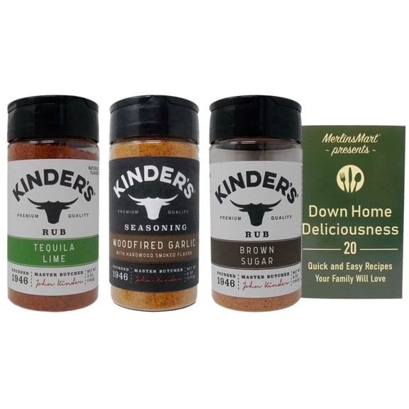 Kinders Seasoning Rub Variety Pack, Tequila Lime, Woodfired Garlic & Brown Sugar (3 Pack) + MerlinsMart Zine