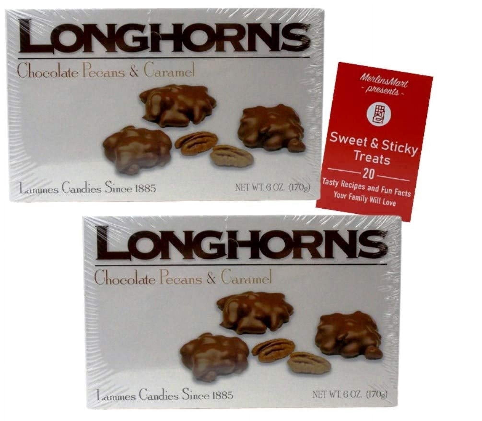 Lammes Candies Longhorns Caramel Chocolate Pecan Gift Box – Milk Chocolate Covered Caramel Clusters – 2 Pack (6 oz Each)+ MerlinsMart Zine