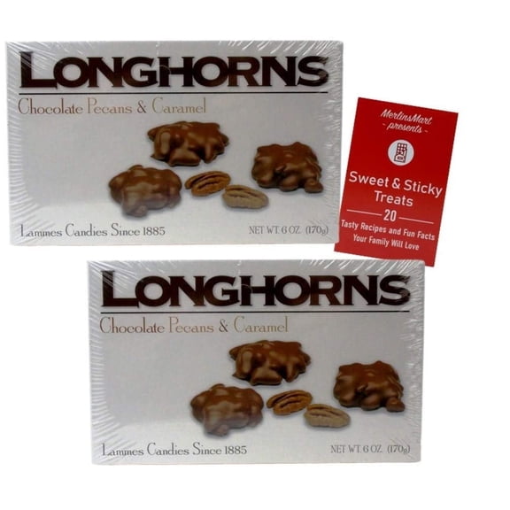 Gourmet Caramel Chocolate Pecan Gift Box | Longhorns Chewy Milk Chocolate Covered Caramel Clusters (2 pack- 6 ounces each) + MerlinsMart Zine | Lammes Candies