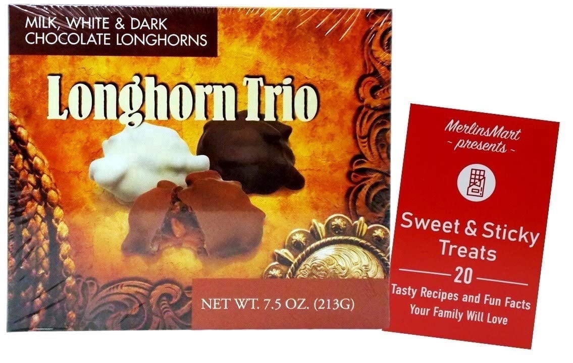 Lammes Candies Longhorn Trio Nut Clusters Gift Box – Dark, Milk & White Chocolate Pecan Praline Caramel Candy – 7.5 oz with MerlinsMart Zine