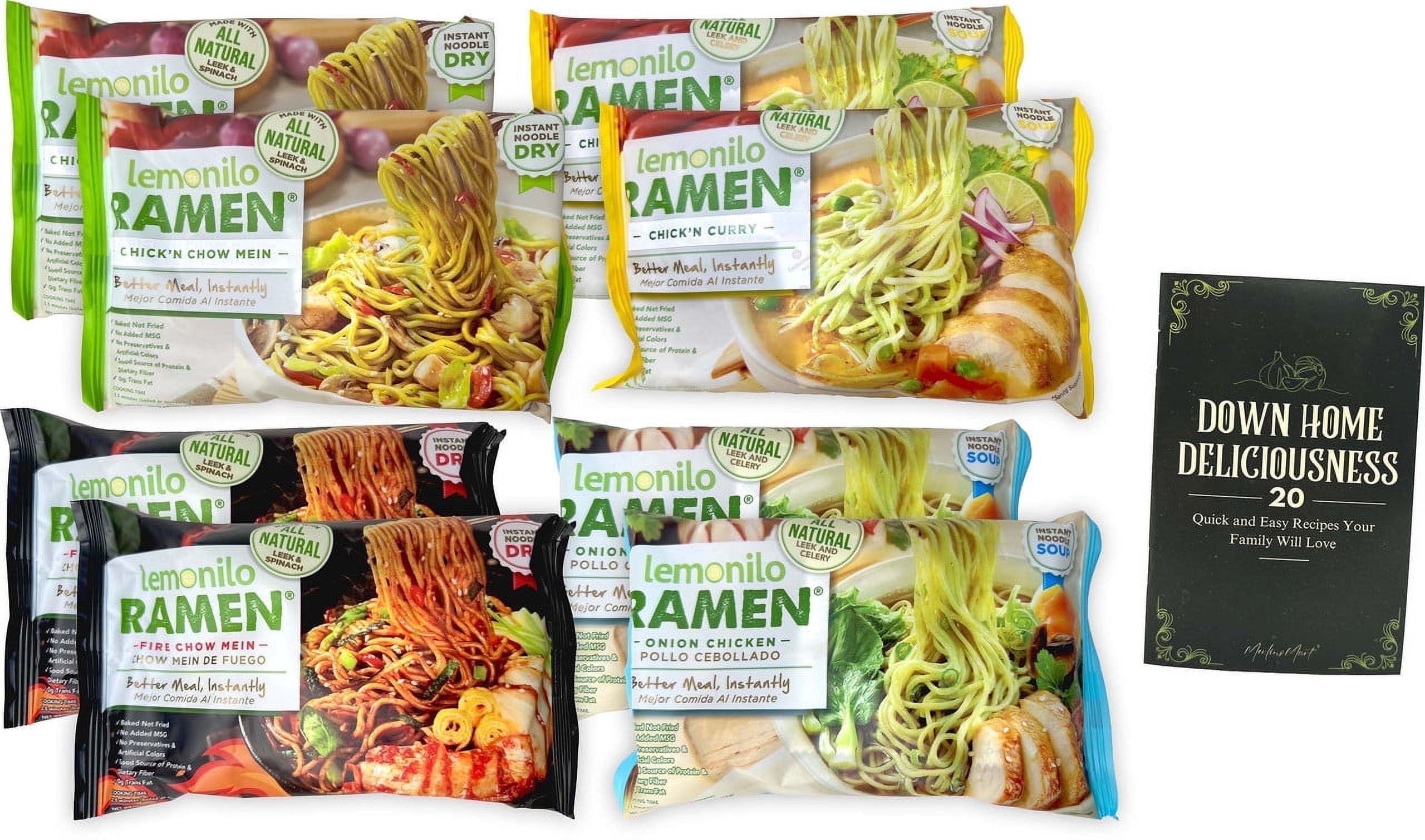 Ramen Soup Noodles 4 Flavor (2) Each: Chick'n Chow Mein, Chick'n Curry, Fire Chow Mein, Onion Chicken (2.65 Ounces) | Lemonilo |  + MerlinsMart Zine