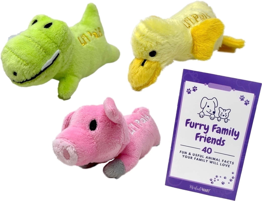 Li'l Pals Small Dog Squeaky Toy Variety Pack, Pink Pig, Green Gator & Yellow Duck (3 Pack) + MerlinsMart Zine