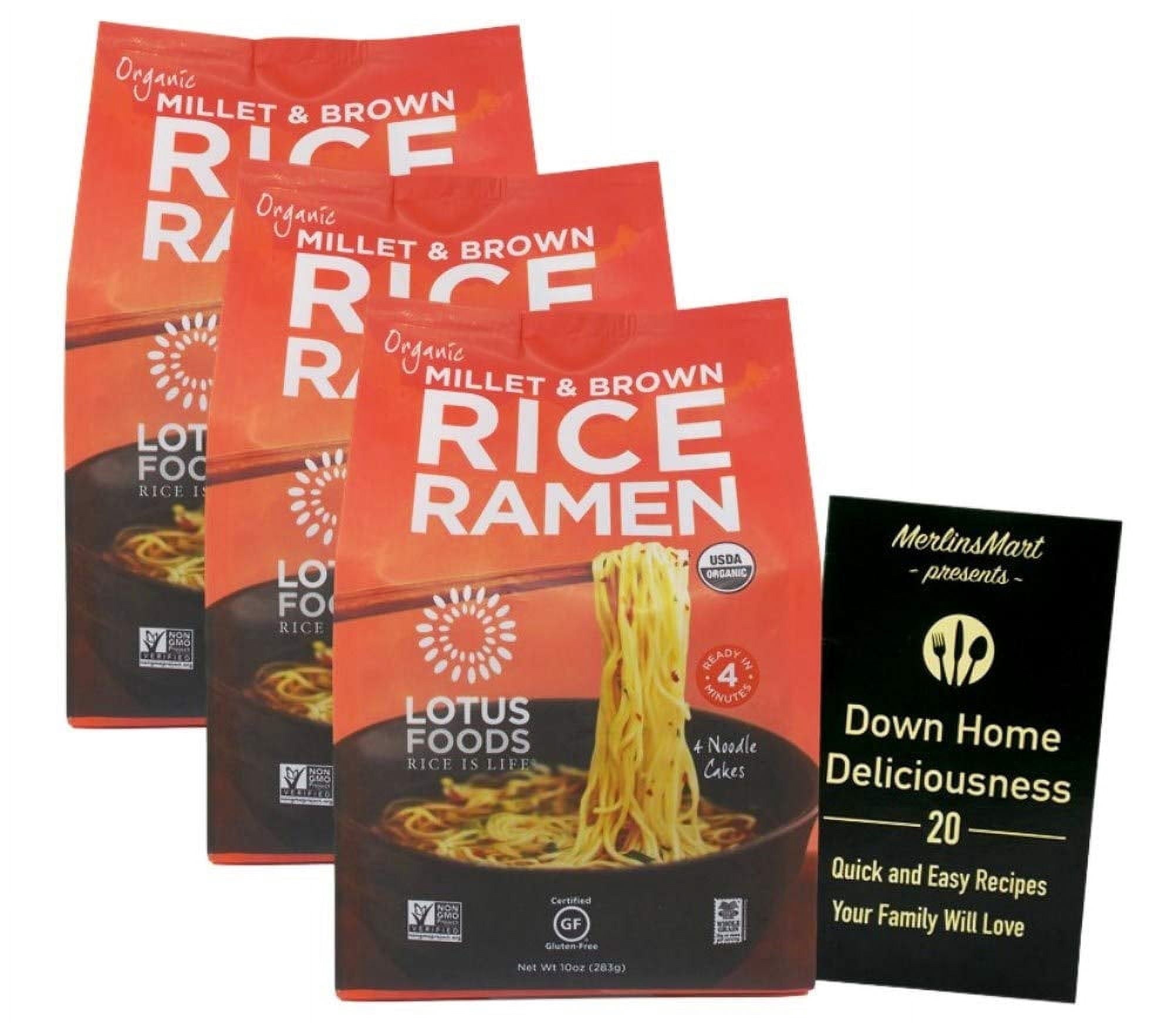 Lotus Foods Gluten Free Organic Millet & Brown Rice Ramen - Pack of 3 (10 Ounces - 4 Count Size) + MerlinsMart Zine