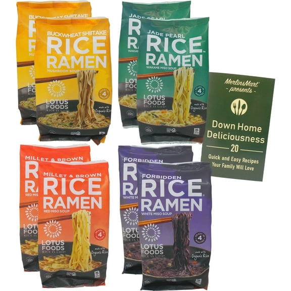 Lotus Foods Gluten Free Rice Ramen Noodle Soup | Vegan | 4 Flavor (2) each: Millet & Brown Rice Red Miso, Forbidden White Miso, Jade Pearl Wakame, Buckwheat Shiitake (2.8 Ounces) + MerlinsMart Zine