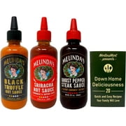 Melinda's Hot Sauce Condiment 3 Flavor Variety Pack (1) Each: Black Truffle, Sriracha, Ghost Pepper Steak (12 Ounces) + MerlinsMart Zine