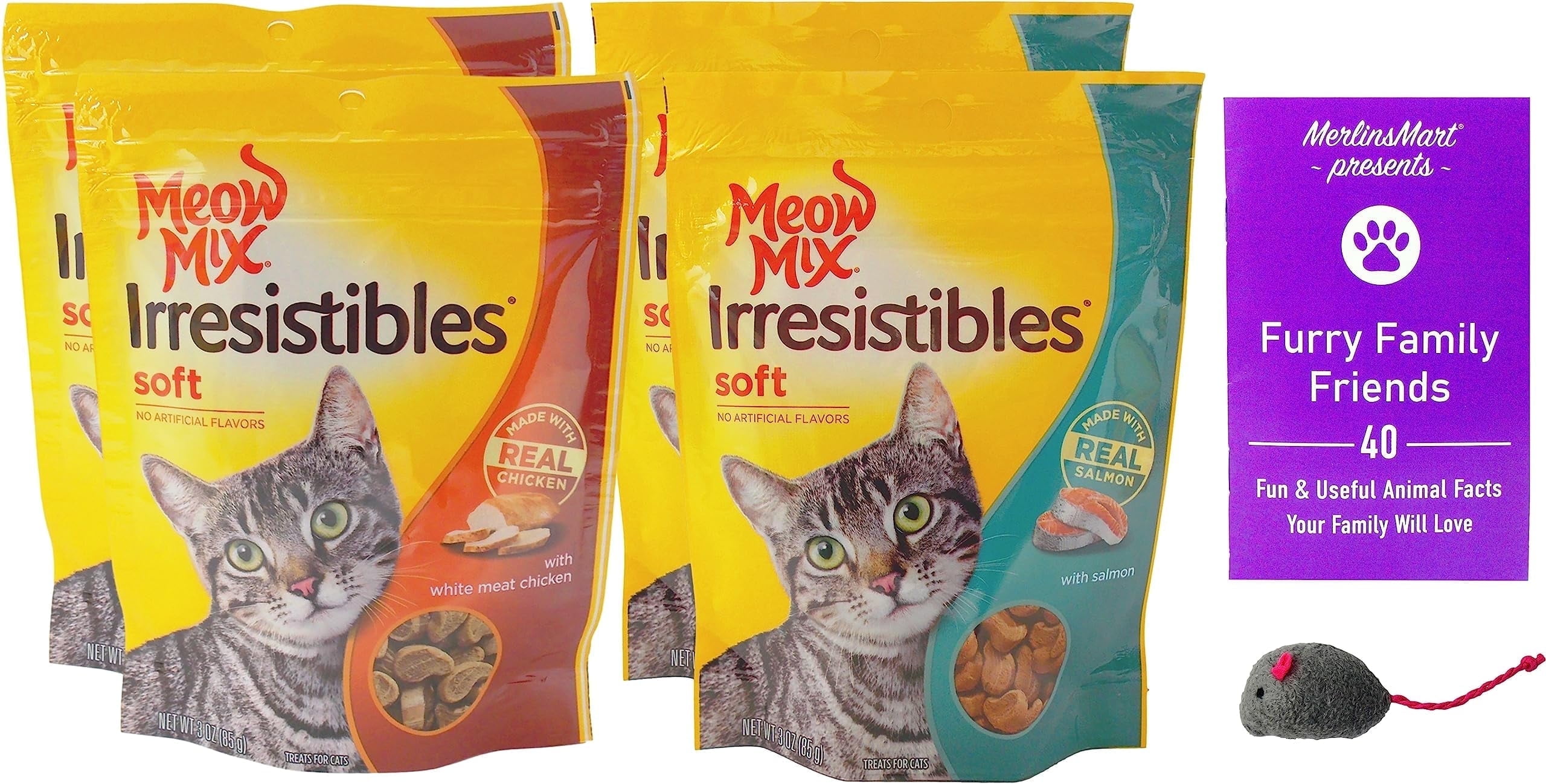 Meow Mix Irresistibles Soft Cat Treats 2 Flavor 4 Pouch Variety Pack (2 Each): Salmon, White Meat Chicken + MerlinsMart Zine | Catnip Toy