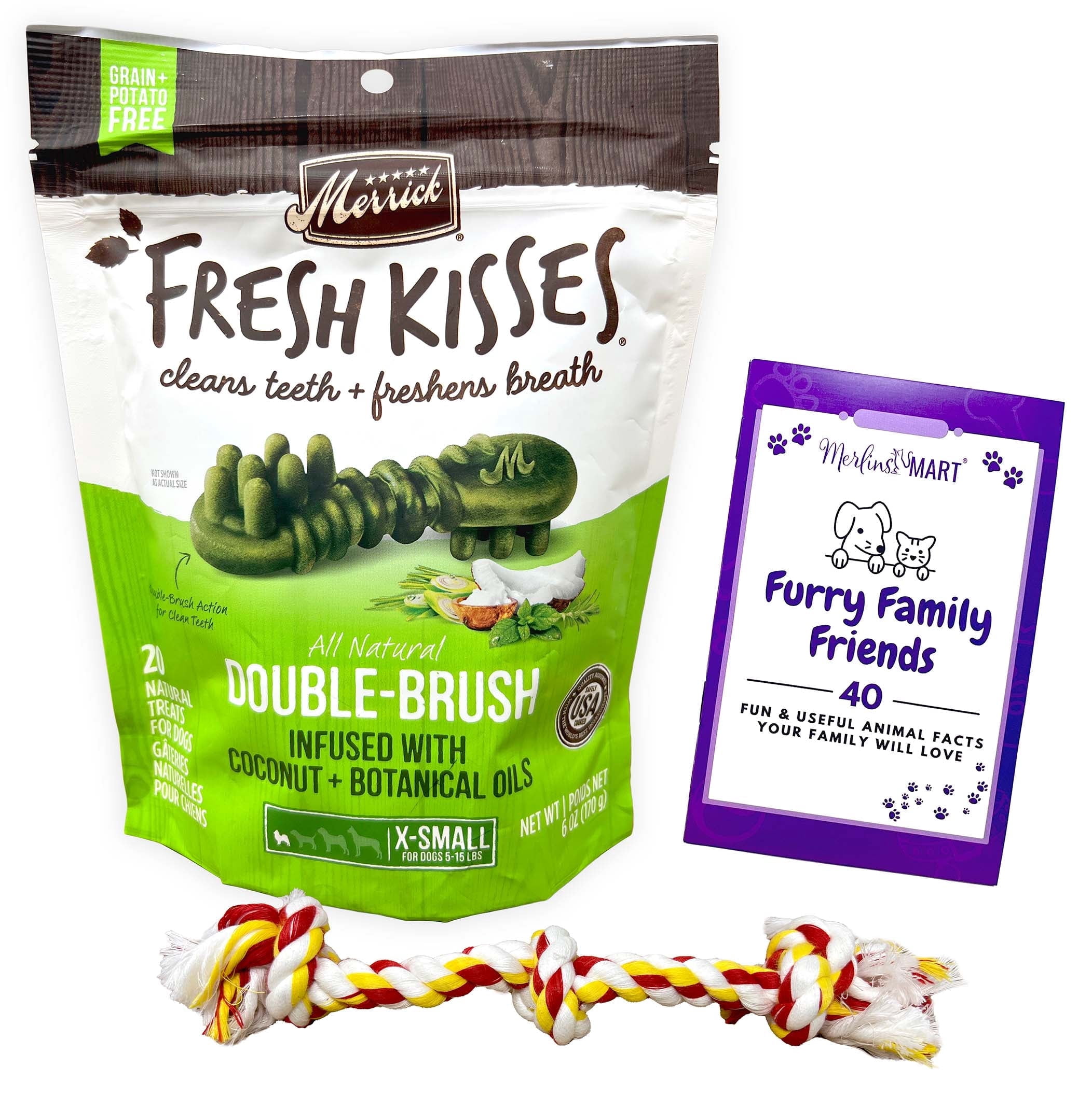 Merrick Fresh Kisses Oral Care Chews Dental Dog Treats with Coconut | X-Small Snacks for Pups 5-15 Lbs (20 Count) | MerlinsMart Zine + Rope Toy