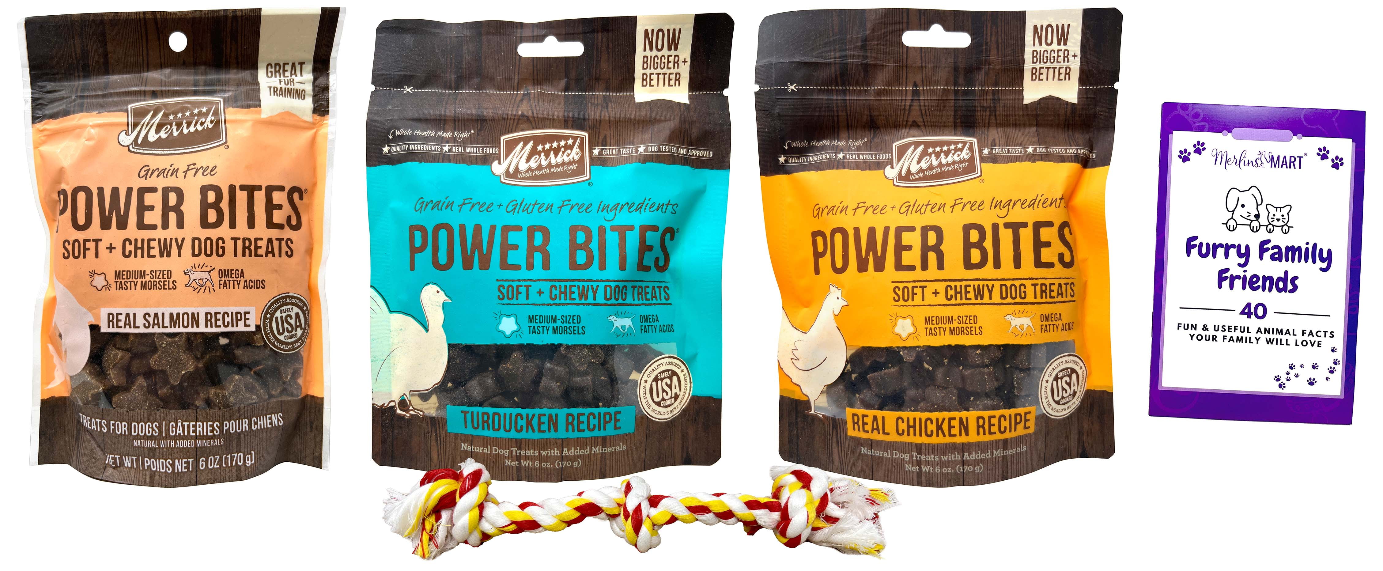 Merrick Power Bites Grain Free Soft Chewy Dog Treats 3 Flavors (1) Each: Real Chicken, Salmon, Turducken | MerlinsMart Zine | Rope Toy