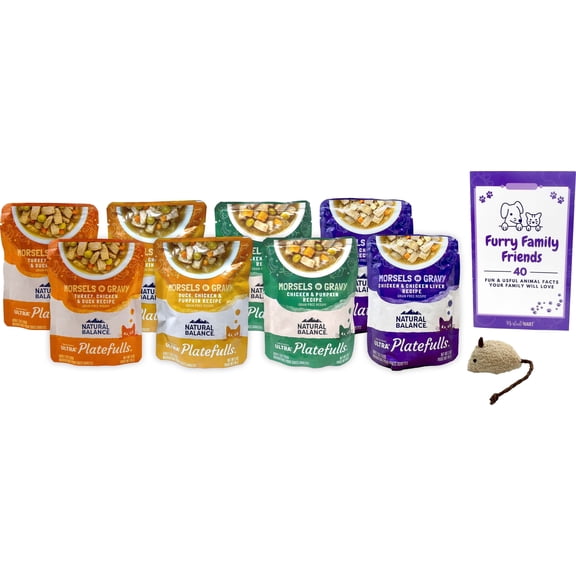 Cat Food Platefulls Pouches 4 Flavor Variety (2) Each: Duck Chicken Pumpkin, Chicken Pumpkin, Chicken Liver, Turkey Chicken Duck | MerlinsMart Zine & Catnip Toy | Natural Balance