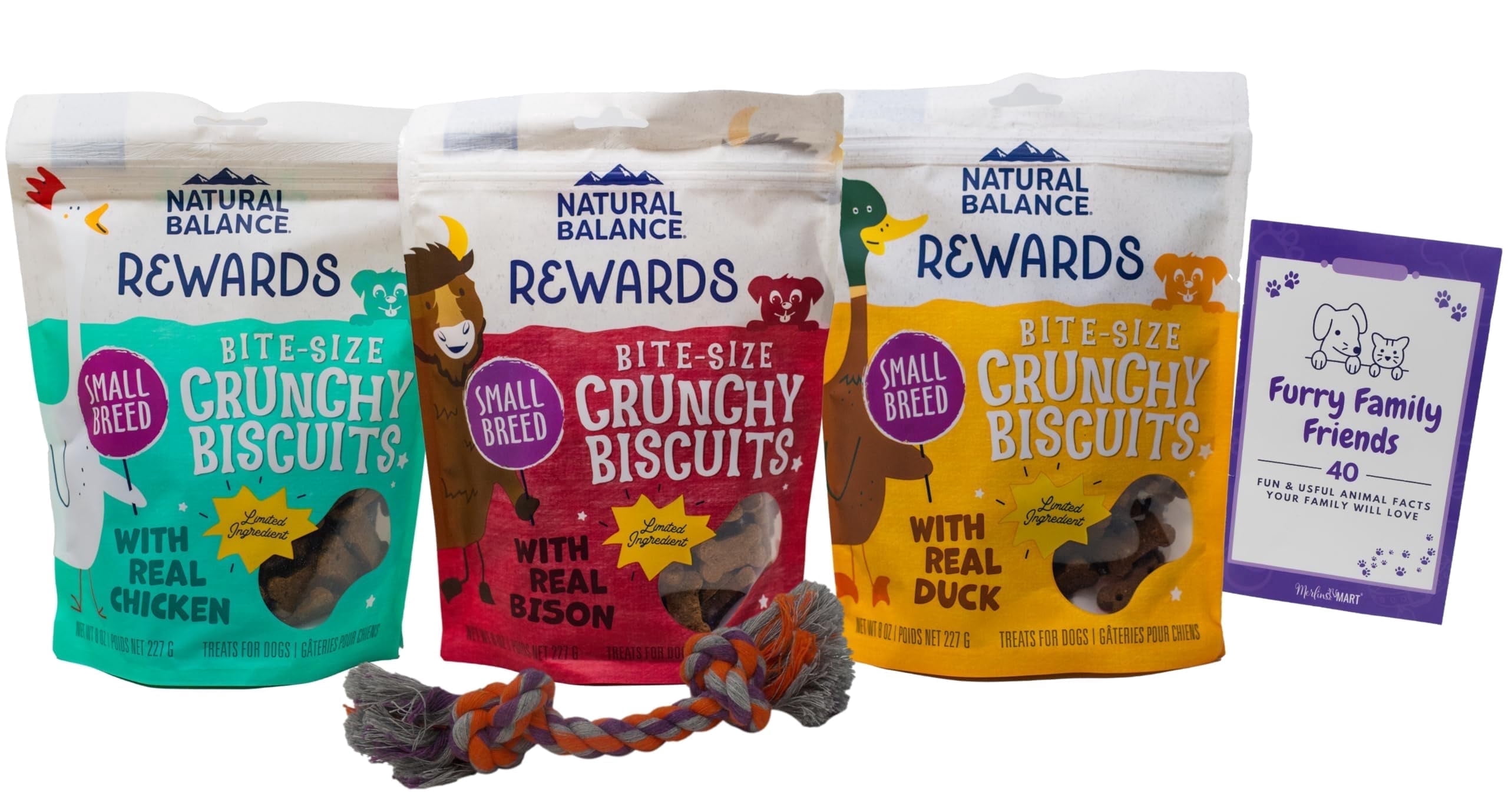 Natural Balance Small Breed Dog Training Treats Variety Pack, Grain Free Duck, Bison & Chicken Biscuits, 8 oz Each (3 Pack) + Rope Toy & MerlinsMart Zine