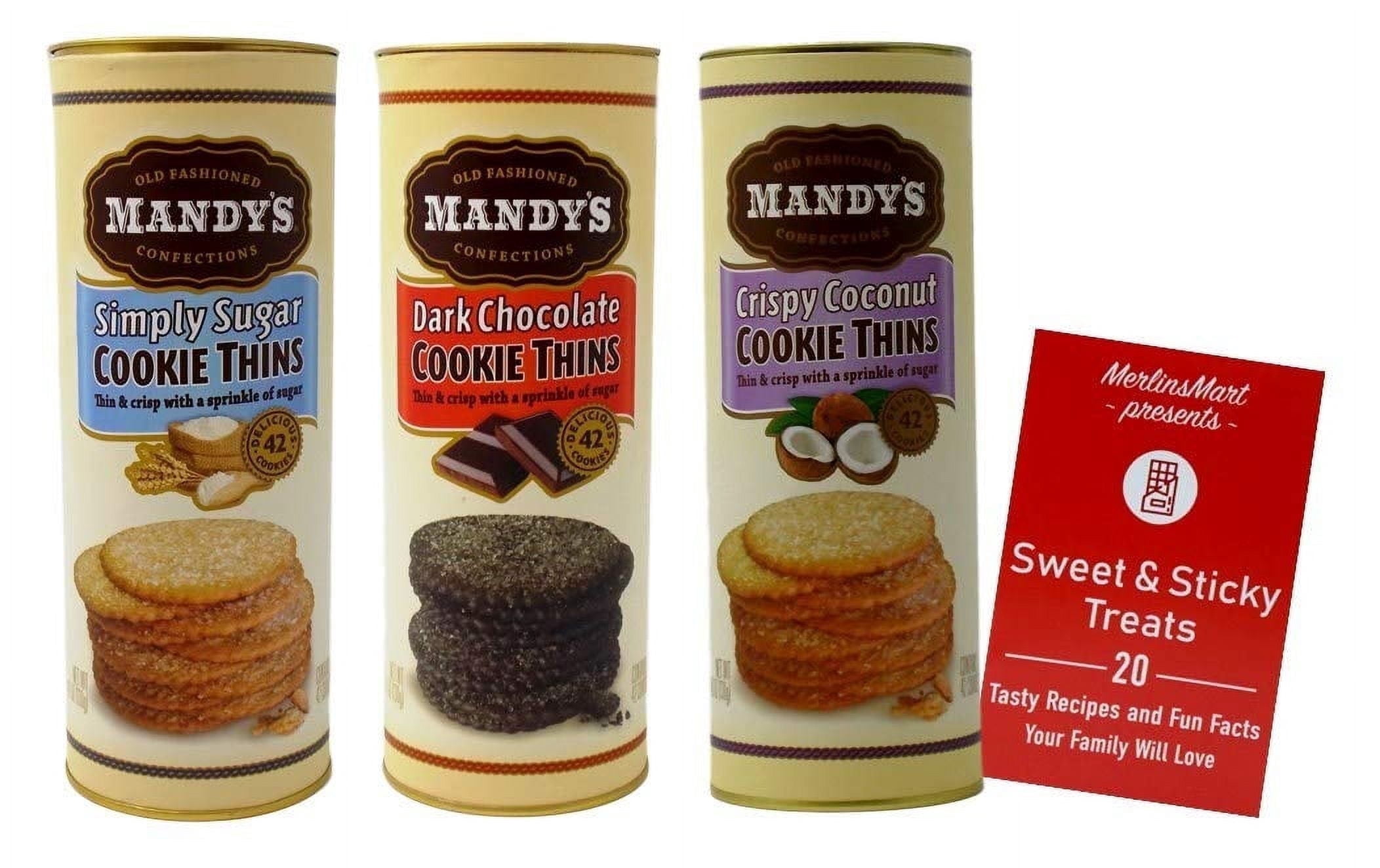 Mandy's Old Fashioned Cookie Thins Baked 3 Flavors (1) Each Pieces: Simply Sugar, Dark Chocolate, Crispy Coconut (4.6 Ounces) + MerlinsMart Zine