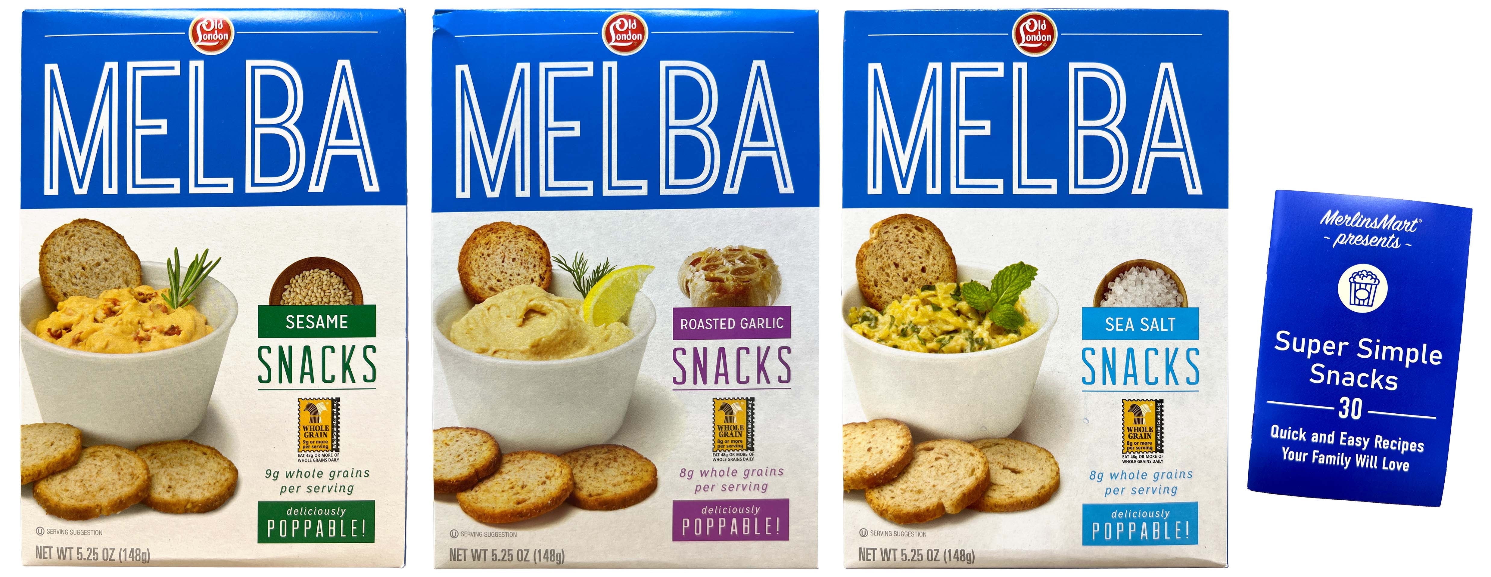 Old London Melba Snack Dipping Crackers 3 Flavor 1 each: Roasted Garlic, Sesame, Sea Salt (5.25 Ounces) + MerlinsMart Zine