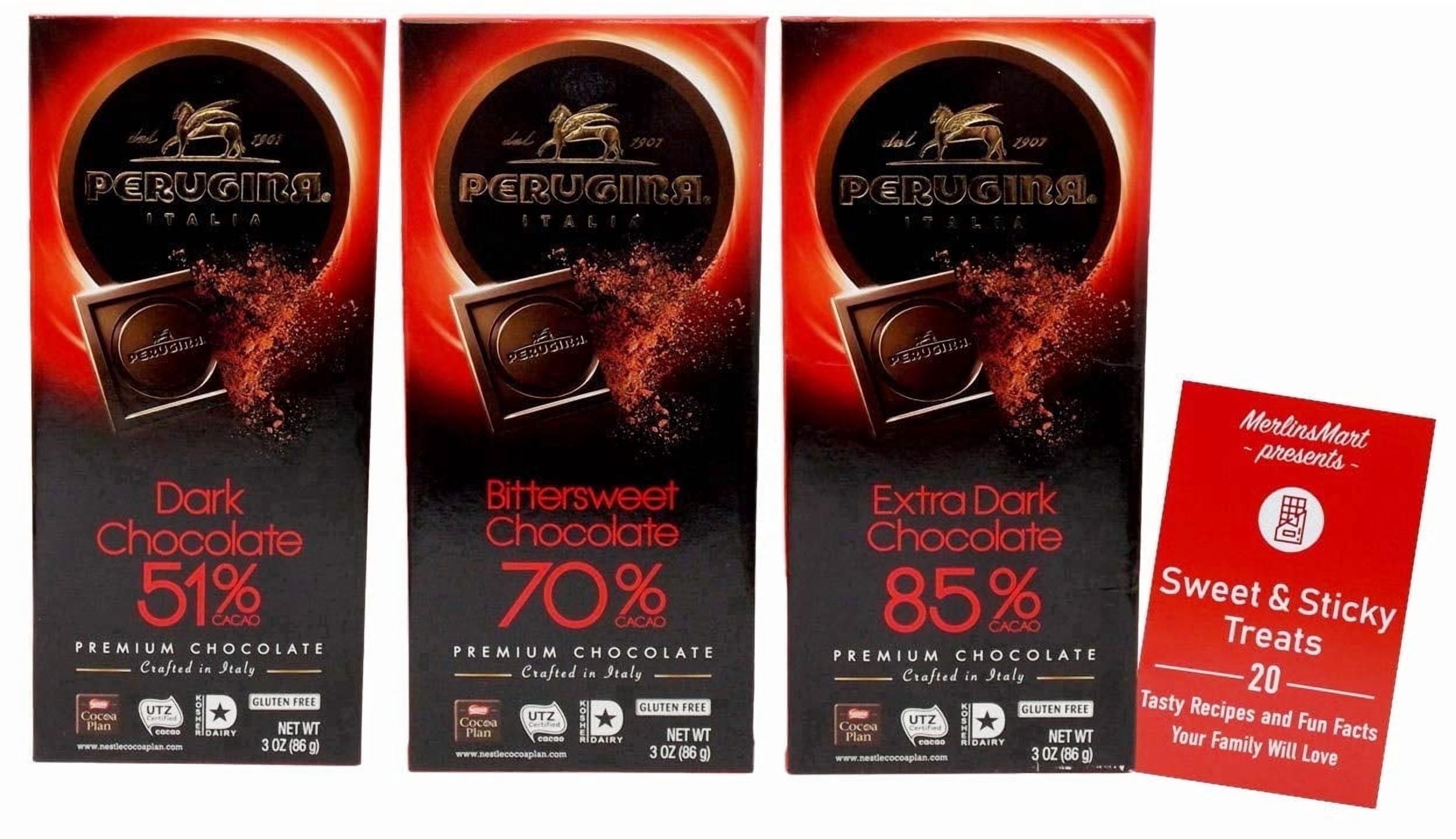 Perugina Gourmet Italian Dark Chocolate Bar Variety Pack – 51%, 70% Bittersweet & 85% Extra Dark – 3 Pack + MerlinsMart Zine