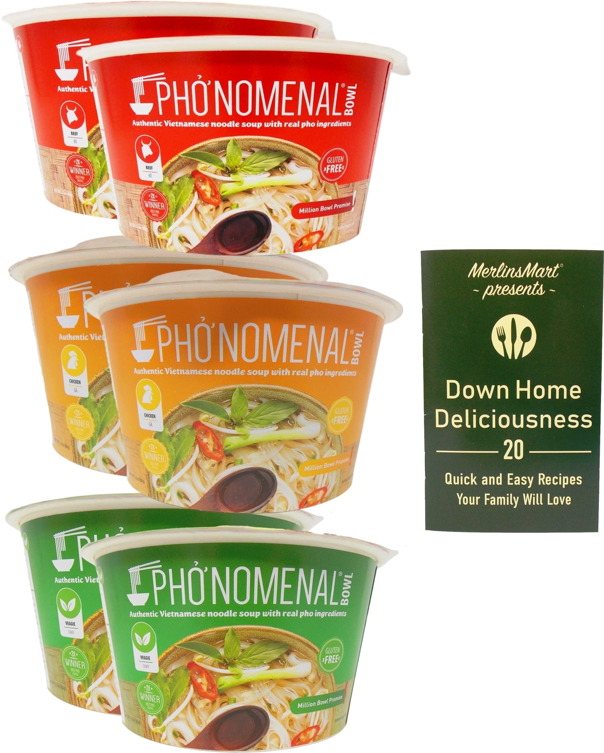 Pho'nomenal Bowl Instant Pho Noodles Gluten Free Low Sodium Vietnamese Soup 3 Flavors (2) Each: Veggie, Chicken, Beef (2.1 Ounces) + MerlinsMart Zine