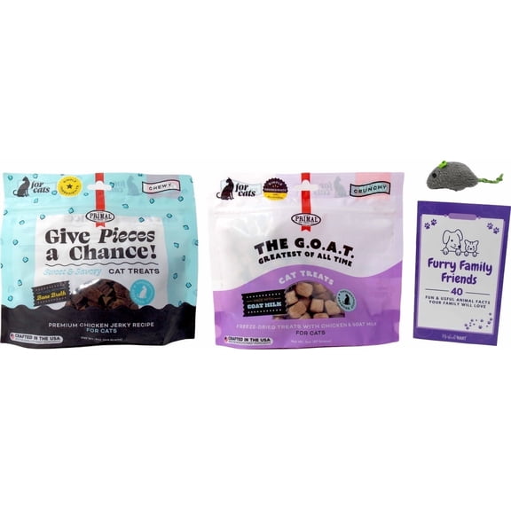 Cat Treats 2 Flavor (1) Each: Chewy Chicken Jerky, Freeze-Dried Chicken Goat Milk + MerlinsMart Zine + Catnip Toy | Primal
