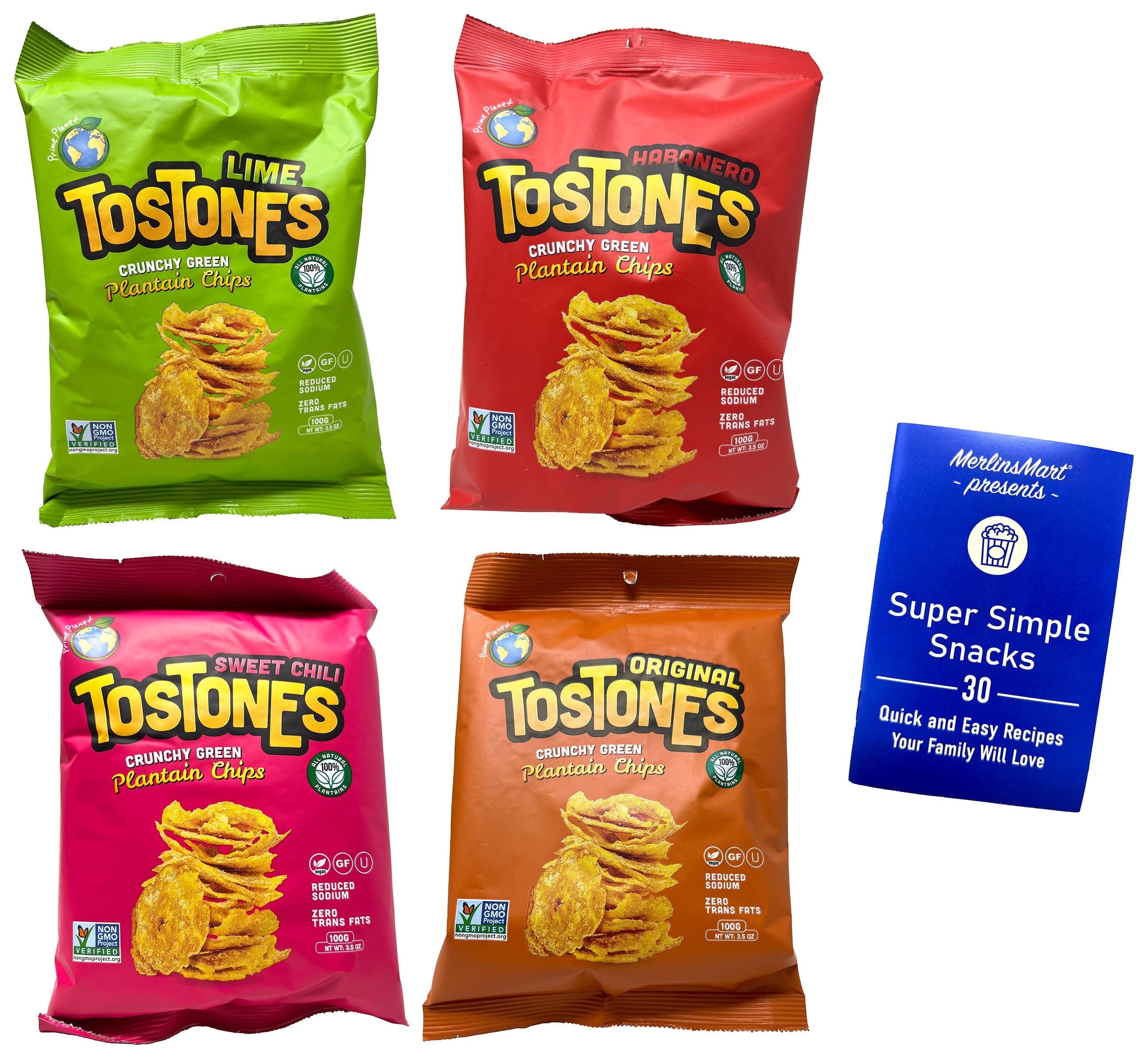 Prime Planet Tostones Crunchy Green Plantain Chips 4 Flavor Variety - (1) Each: Habanero, Lime, Original, Sweet Chili (3.53 Ounces)+ MerlinsMart Zine