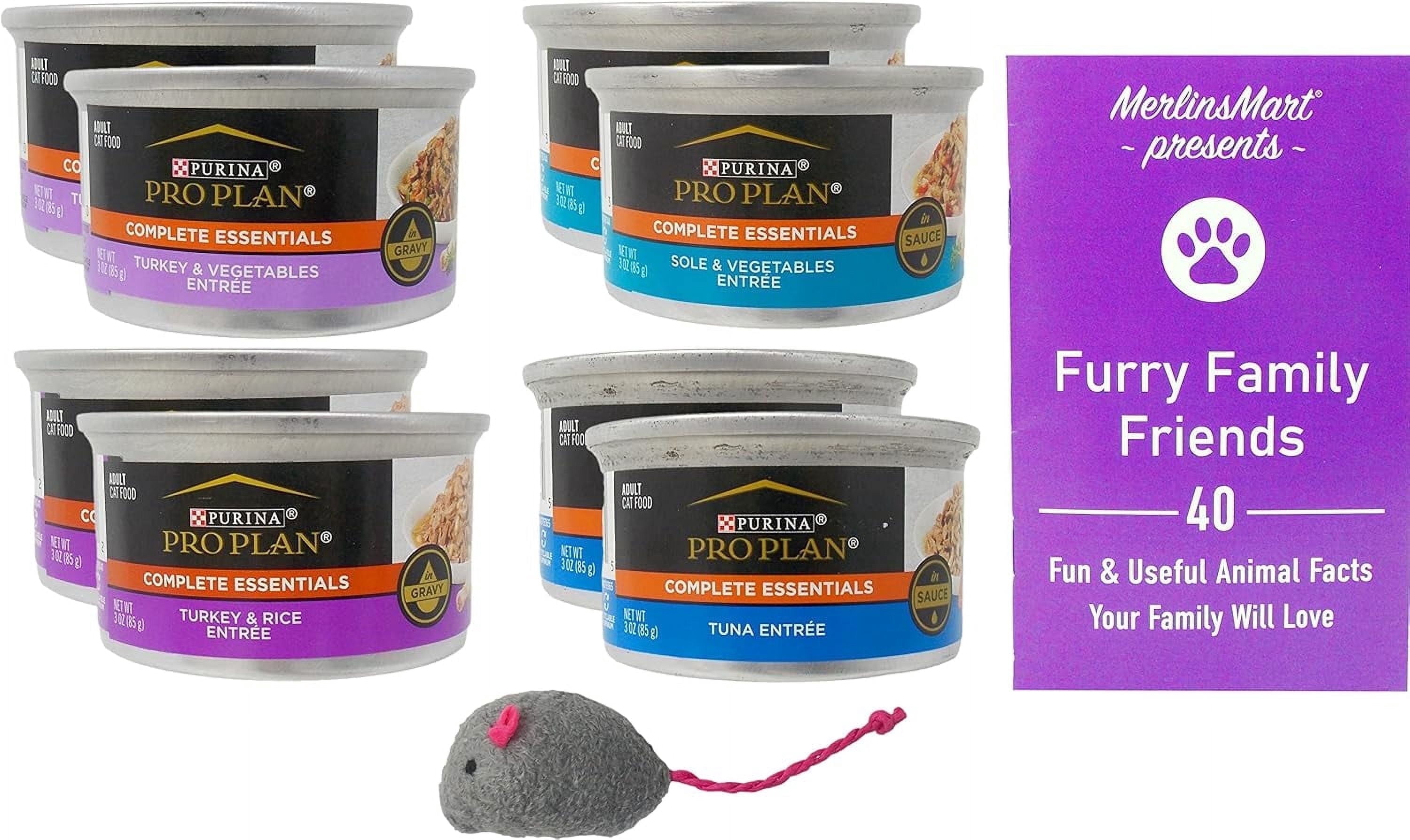 Purina Pro Plan Complete Essentials Cat Food - 8 Can Sampler (2) Each: Turkey Veg, Sole Veg, Turkey Rice, Tuna (3 Ounces) | MerlinsMart Zine + Catnip Toy