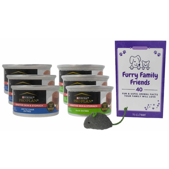 Pro Plan Focus Wet Grain Free Cat Food Sensitive Skin and Stomach Formula 2 Flavor 6 Can Sampler - (3) Each: Arctic Char Fish, Duck Entree (3 Ounces) MerlinsMart Zine + Catnip Toy