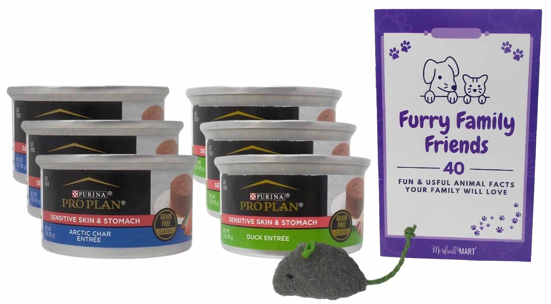 Wet Grain-Free Cat Food Sensitive Skin and Stomach Formula 2 Flavor (3) Each: Arctic Char Fish, Duck Entree (3 Ounces) | MerlinsMart Zine & Catnip Toy | Pro Plan