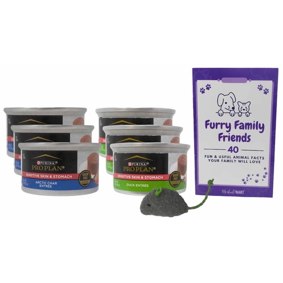 Wet Grain-Free Cat Food Sensitive Skin and Stomach Formula 2 Flavor (3) Each: Arctic Char Fish, Duck Entree (3 Ounces) | MerlinsMart Zine & Catnip Toy | Pro Plan