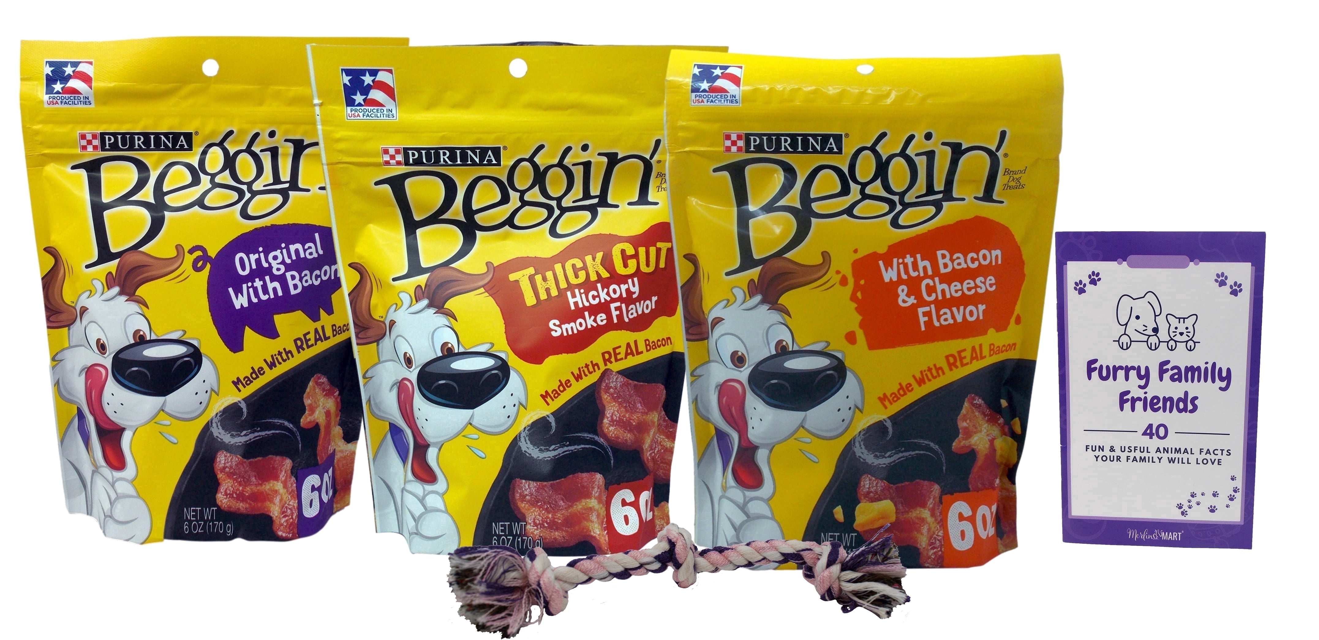 Purina Beggin' Strips Bacon Dog Treats Variety 3-Pack | Original Bacon, Thick Cut Hickory Smoke & Bacon Cheese | MerlinsMart Zine & Rope Toy