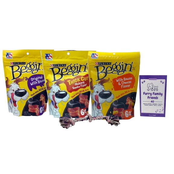 Purina Beggin' Strips Bacon Dog Treats Variety 3-Pack | Original Bacon, Thick Cut Hickory Smoke & Bacon Cheese | MerlinsMart Zine & Rope Toy