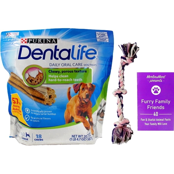 Purina DentaLife Dental Dog Treats for Large Dogs 40+ lbs Daily Oral Care Chews 18 Count | MerlinsMart Zine + Rope Toy