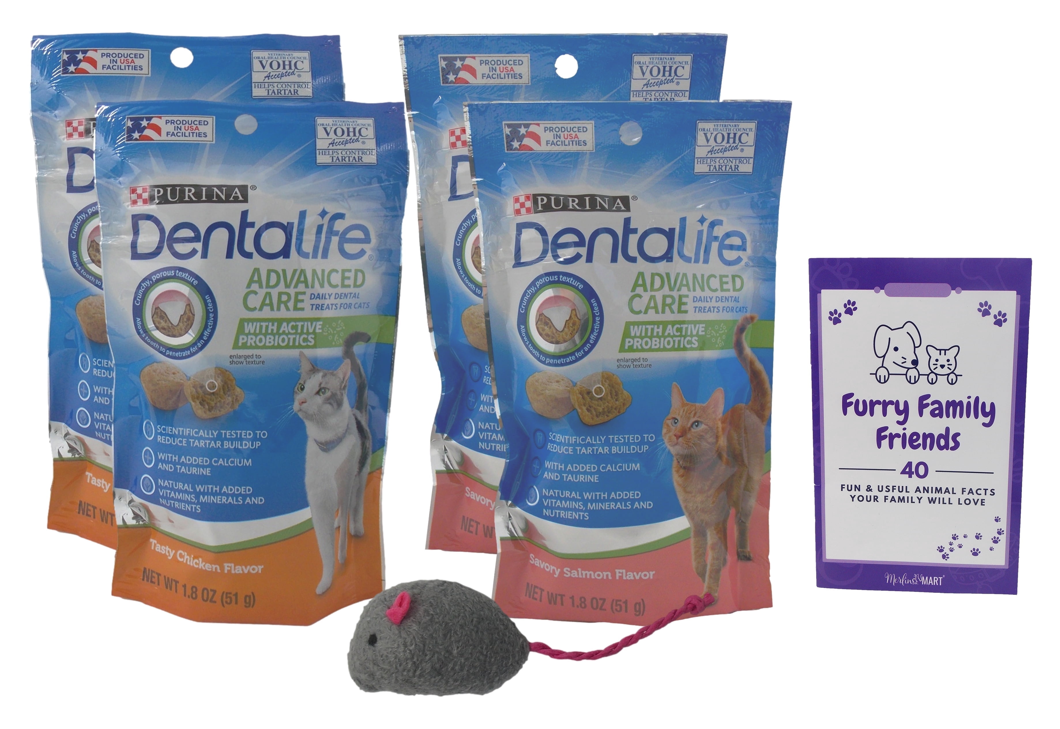 Purina Dentalife Dental Cat Treats 2 Flavor 4 Pouch Variety 2 Each: Tasty Chicken, Savory Salmon + MerlinsMart Zine | Catnip Toy