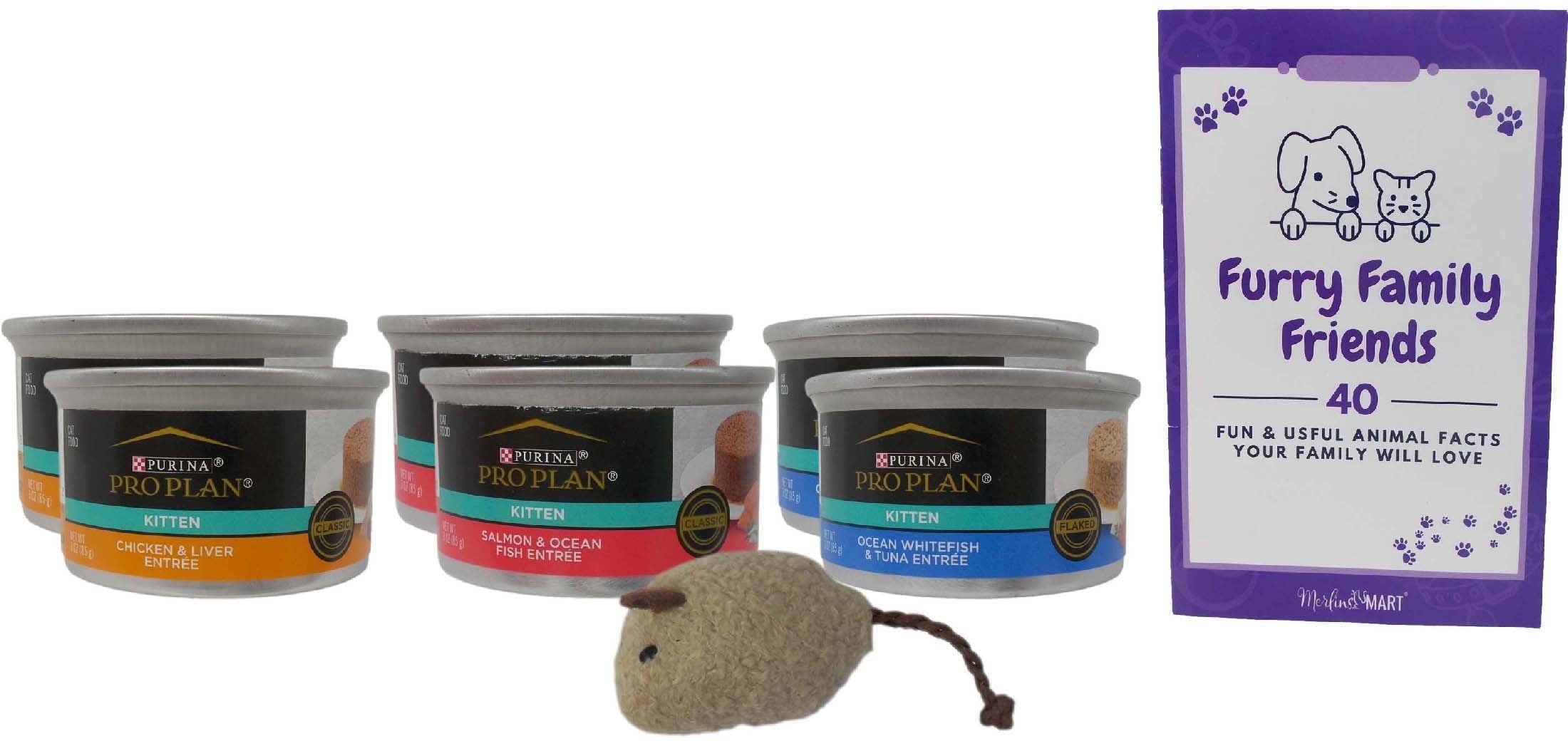 Purina Pro Plan Wet Kitten Cat Food Entree 3 Flavor 6 Can: (2) Salmon Ocean Whitefish, (2) Chicken & Liver, and (2) Ocean Whitefish Tuna (3 Ounces) MerlinsMart Zine + Catnip Toy