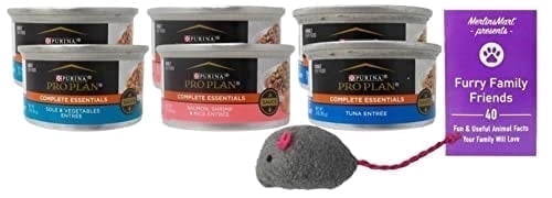 Purina Pro Plan Complete Essentials Wet Cat Food Variety Pack, Sole & Vegetable, Salmon Shrimp & Rice, Tuna, 3 oz (6 Pack) + Catnip Toy & MerlinsMart Zine