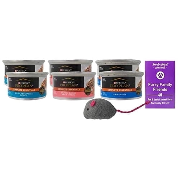 Purina Pro Plan Complete Essentials Wet Cat Food Variety Pack, Sole & Vegetable, Salmon Shrimp & Rice, Tuna, 3 oz (6 Pack) + Catnip Toy & MerlinsMart Zine