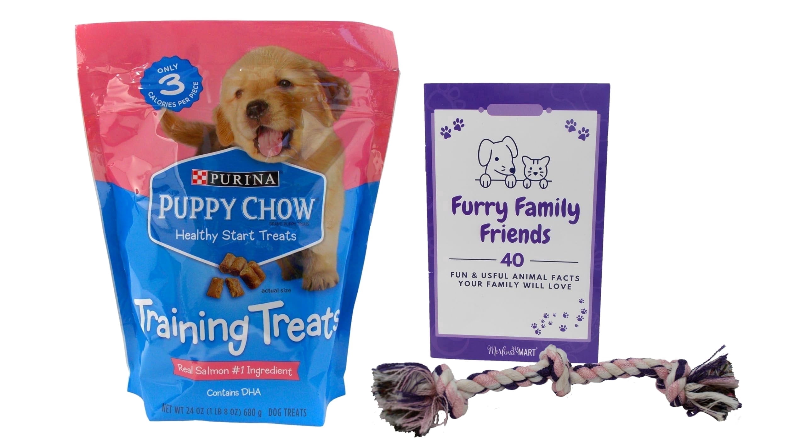 Purina Puppy Chow Healthy Start Dog Training Treats, Soft & Meaty Salmon Flavor, 24 oz + Rope Toy & MerlinsMart Zine