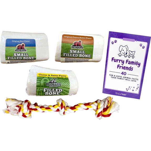 Redbarn Filled Dog Bones Small 3 Inch Variety, Beef, Peanut Butter, Cheese and Bacon 3 Count with Rope Toy, MerlinsMart Zine