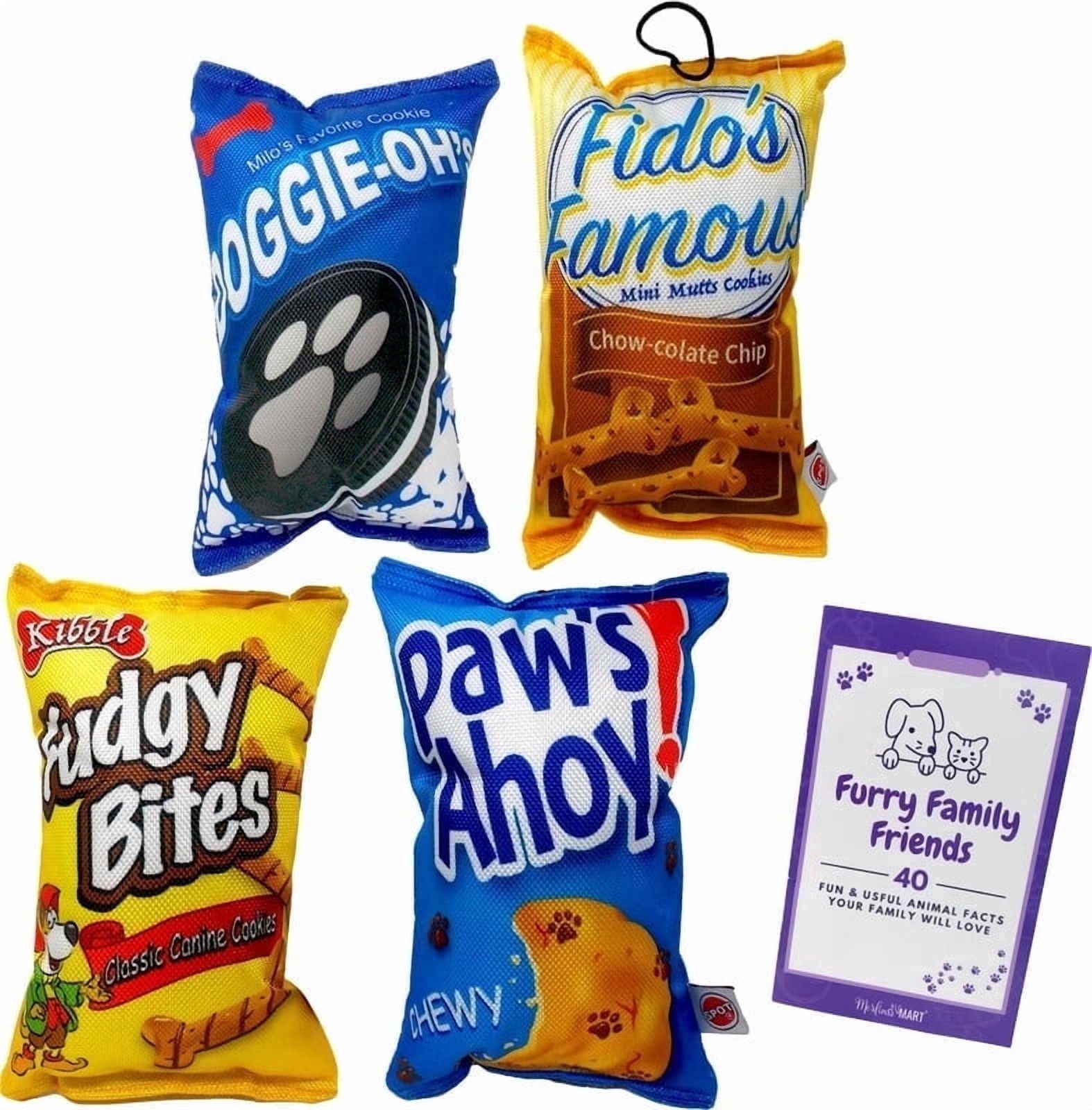 SPOT Fun Foods Squeaky Dog Toy Variety Pack, Paws Ahoy!, Fido's Famous, Doggie-Oh's & Fudgy Bites (8") + MerlinsMart Zine