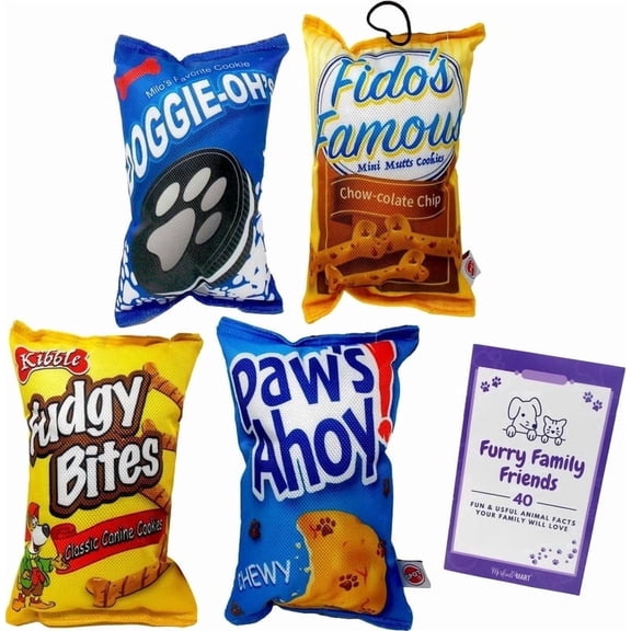 SPOT Fun Foods Squeaky Dog Toy Variety Pack, Paws Ahoy!, Fido's Famous, Doggie-Oh's & Fudgy Bites (8") + MerlinsMart Zine