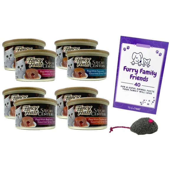 Savory Centers Gourmet Cat Food 4 Flavor 8 Can Sampler (2) Each: Tuna, Beef, Chicken, Salmon (3 Ounces) MerlinsMart Zine + Catnip Toy