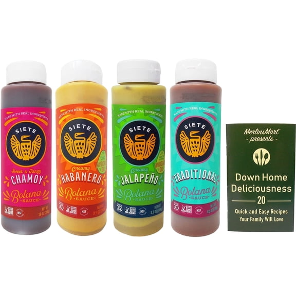 Hot Sauce Variety Pack  Traditional, Creamy Habanero, Sweet & Tangy Chamoy & Creamy Jalapeo  4 Pack | Siete Botana | + MerlinsMart Zine