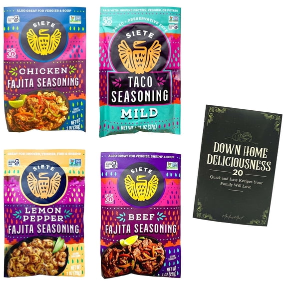 Meat Seasoning Variety Sampler (1) Each: Mild Taco, Chicken Fajita, Lemon Pepper, Beef Fajita and MerlinsMart Zine | Siete
