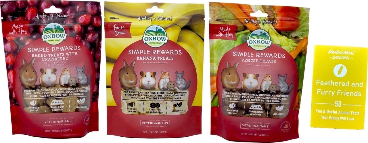 Simple Rewards Small Animal Treats 3 Flavor Variety (1) Each: Baked Cranberry, Freeze Dried Bananas, Baked Veggie, (1-2 Ounces) + MerlinsMart Zine