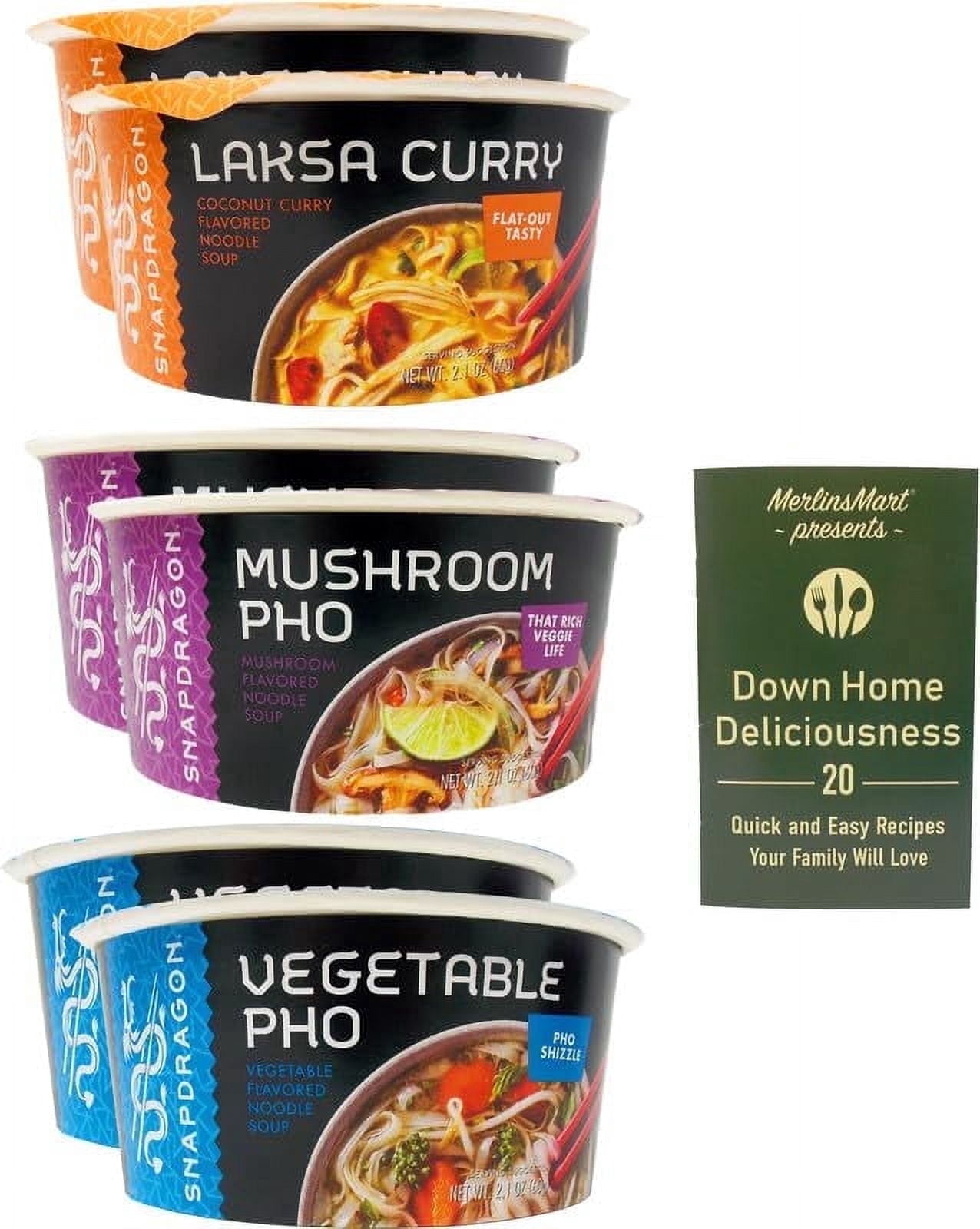 Instant Noodles - Asian Soup 3 Flavors (2) Each: Mushroom Pho, Laksa Coconut Curry, Vegetable Pho (2.1 Ounces) + MerlinsMart Zine | Snapdragon Bowl