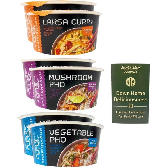 Instant Noodles - Asian Soup 3 Flavors (2) Each: Mushroom Pho, Laksa Coconut Curry, Vegetable Pho (2.1 Ounces) + MerlinsMart Zine | Snapdragon Bowl